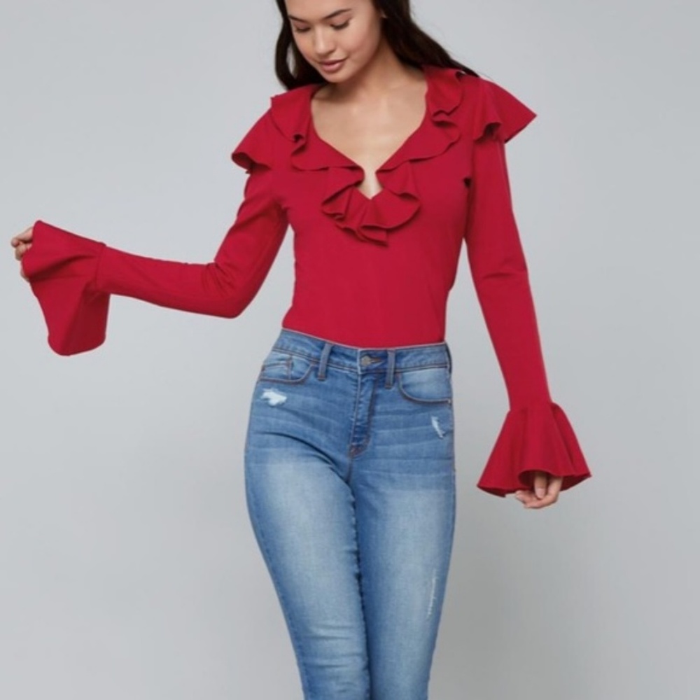 Bebe Red Top Blouse Ruffle Tiered V-neck XS NWT